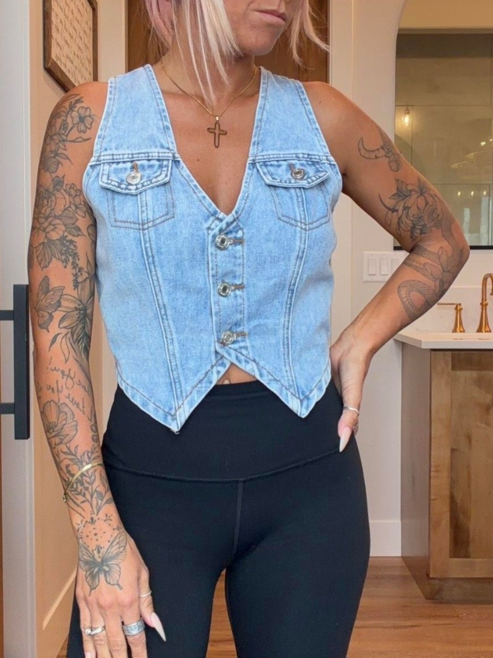 SHEIN Light Blue Denim V-Neck Button Vest